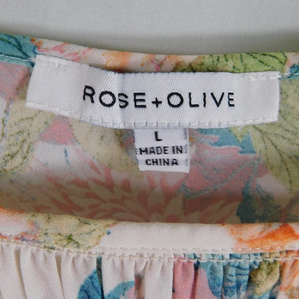 Rose + Olive Floral Smocked Blouse Cream Orange Pink Blue Long Sleeve Large - Picture 4 of 10